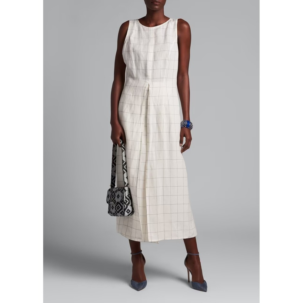 Giorgio Armani Womens Linen Windowpane Check Sleeveless Wrap Maxi Dress Size 44